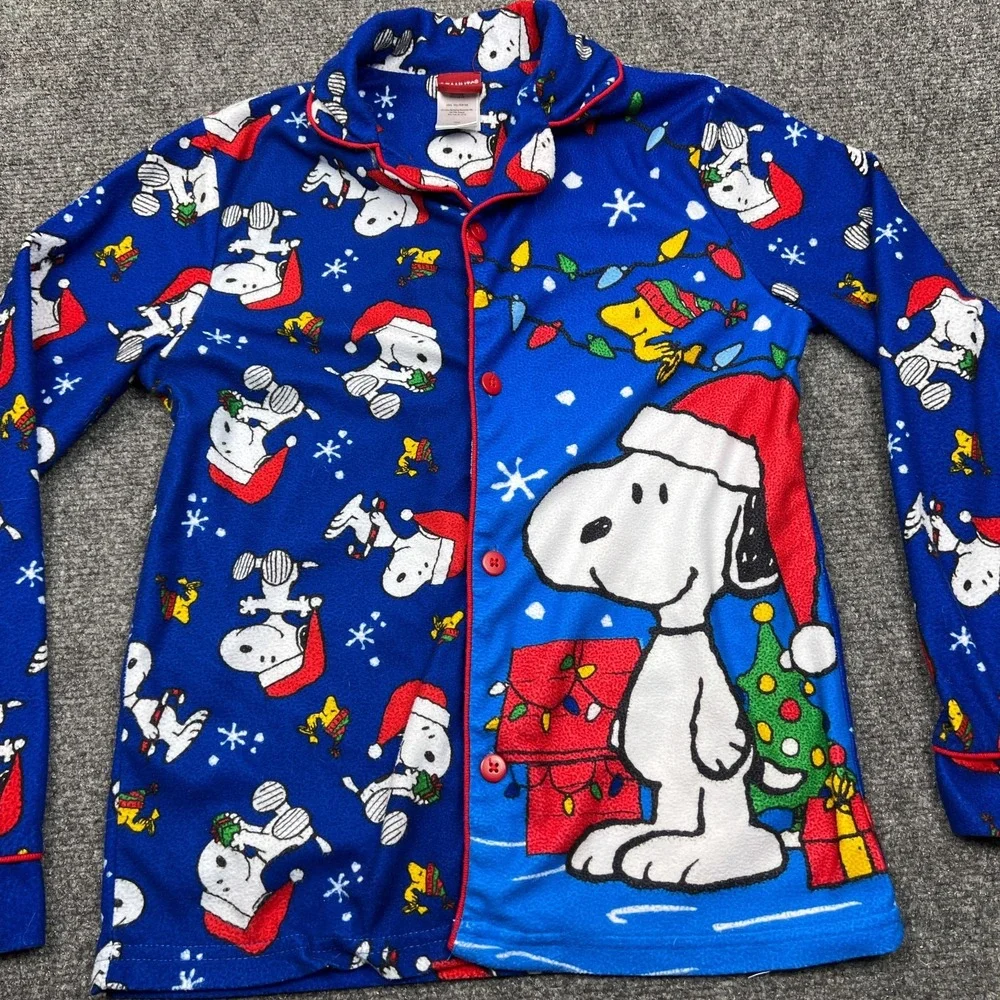 Peanuts Snoopy Woodstock Christmas Pajama Top Kids Medium Button Up Sleep Shirt